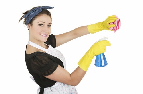 Cleaner preparing a refurbished room for final handover in SW17