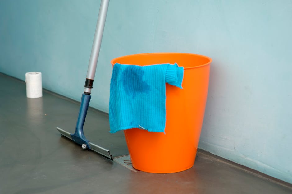 A bright, empty room with light-colored wooden flooring and a white wall, illuminated by natural light from a window on the right. The room is being prepared for cleaning, with cleaning tools includin